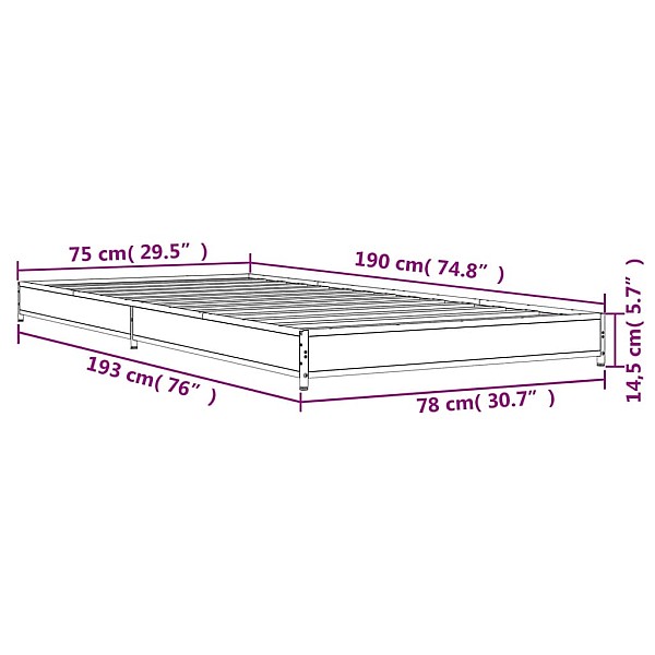 gultas rāmis, pelēka ozola, 75x190cm, inženierijas koks, metāls