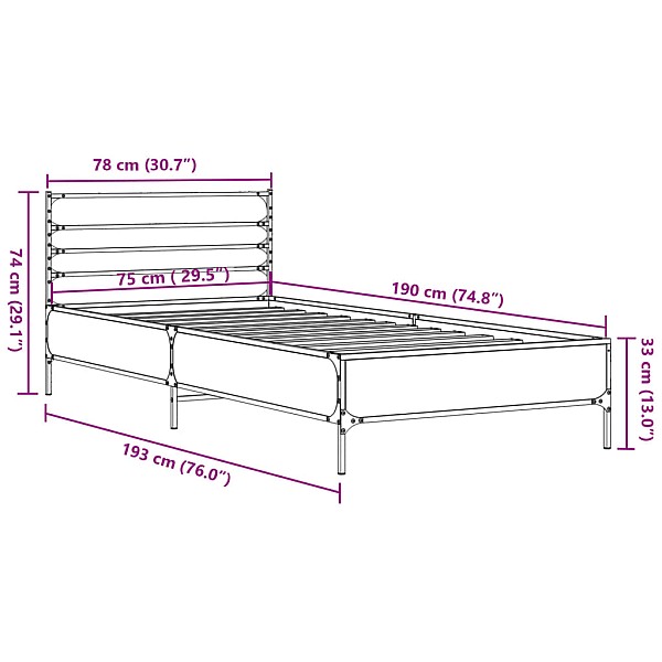 gultas rāmis, pelēka ozola, 75x190cm, inženierijas koks, metāls