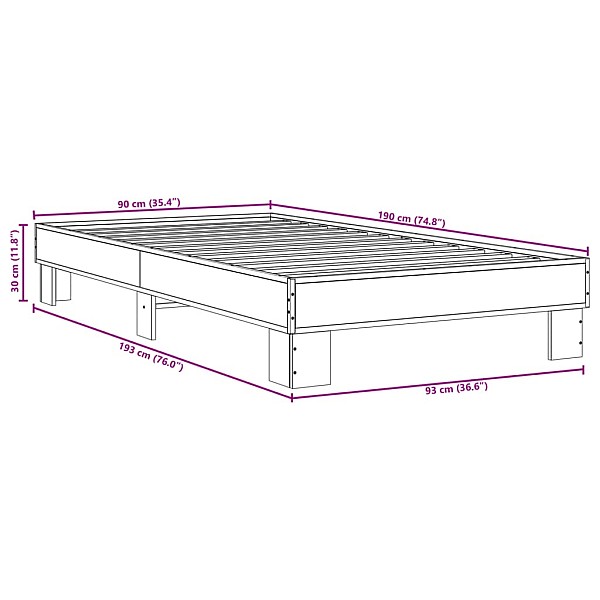 gultas rāmis, pelēka ozola, 90x190cm, inženierijas koks, metāls