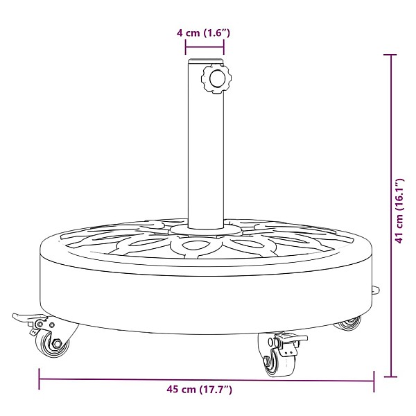 saulessarga pamatne ar riteņiem, Ø38 / 48 mm kātiem, 27 kg