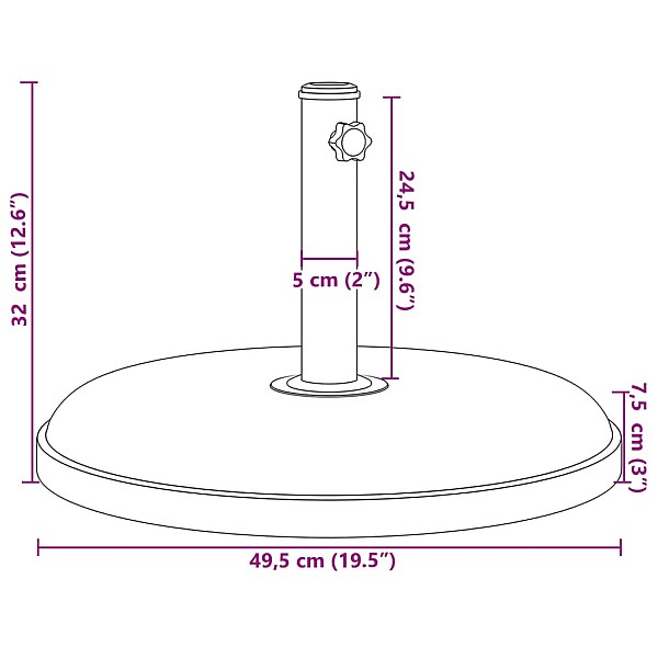 saulessarga pamatne ar riteņiem, Ø32/35/38 mm kātiem, 25 kg