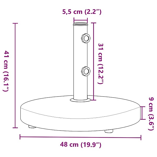 saulessarga pamatne ar riteņiem, Ø32/38/48 mm kātiem, 25 kg