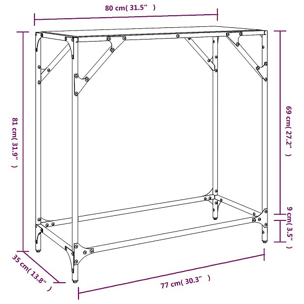 konsoles galds ar melnu stikla virsmu, 60x35x81 cm, tērauds