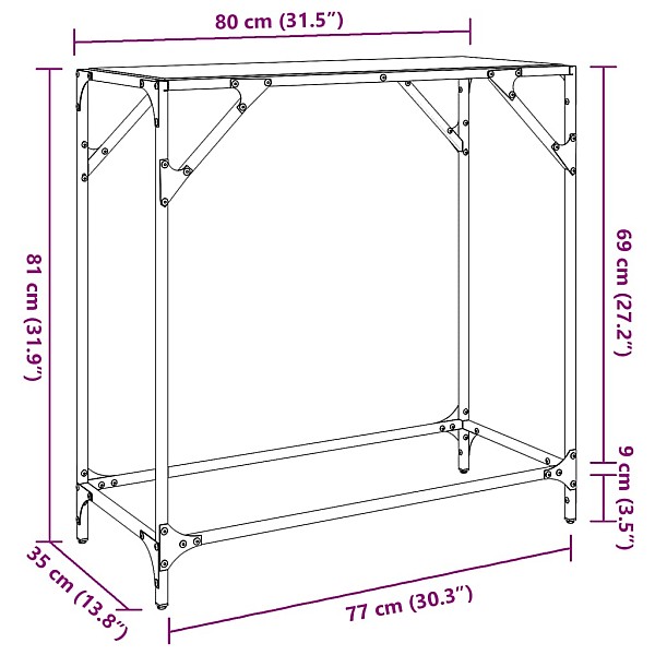 konsoles galds ar melnu stikla virsmu, 80x35x81 cm, tērauds