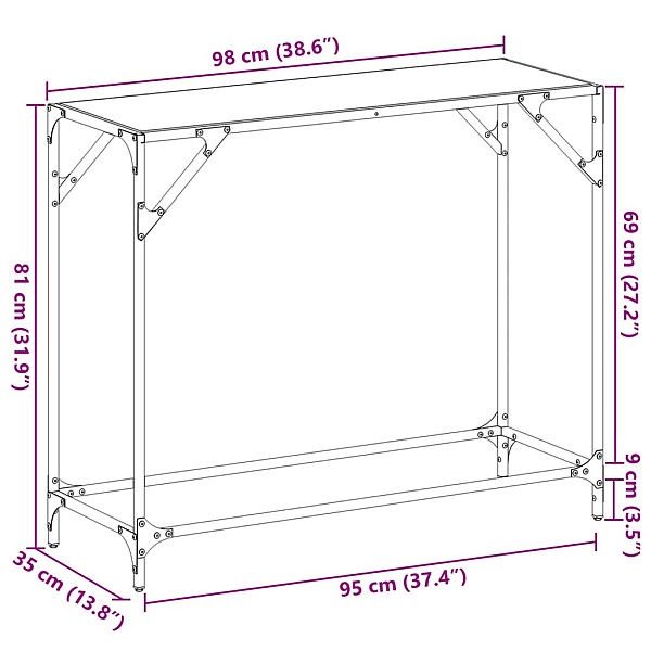 konsoles galds ar melnu stikla virsmu, 98x35x81 cm, tērauds