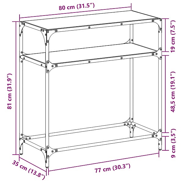 konsoles galdiņš, 80x35x81 cm, caurspīdīgs, rūdīts stikls
