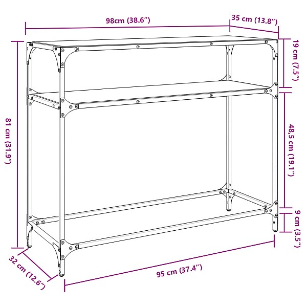 konsoles galdiņš, 98x35x81 cm, caurspīdīgs, rūdīts stikls