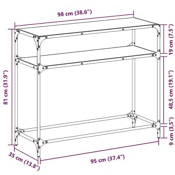 konsoles galds ar melnu stikla virsmu, 98x35x81 cm, tērauds