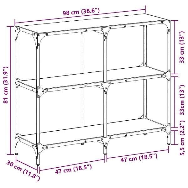 konsoles galds ar melnu stikla virsmu, 98x30x81 cm, tērauds