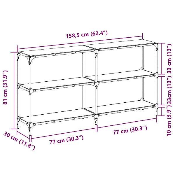 konsoles galds ar melnu stikla virsmu, 158,5x30x81 cm, tērauds