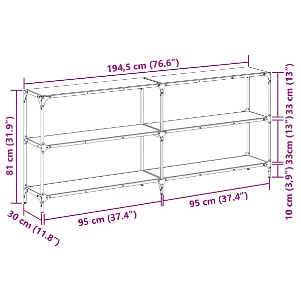 konsoles galds ar melnu stikla virsmu, 194,5x30x81 cm, tērauds