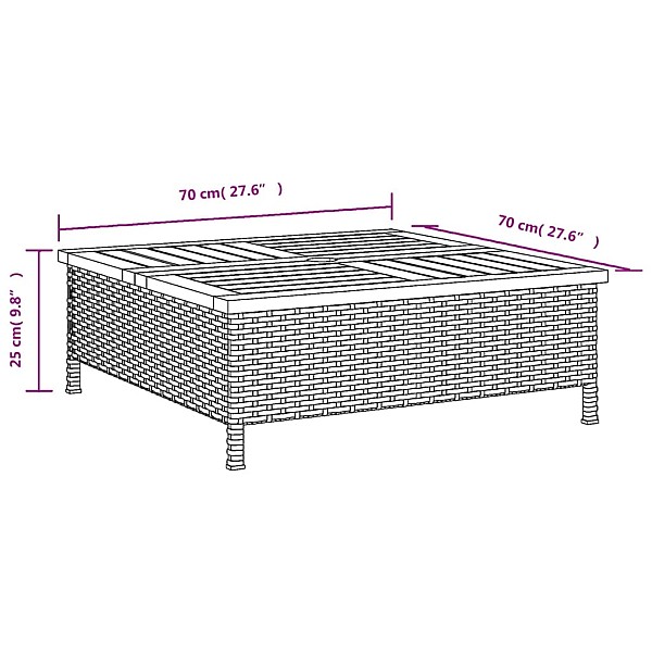 dārza galds, 70x70x25 cm, pelēka PE rotangpalma, akācijas koks