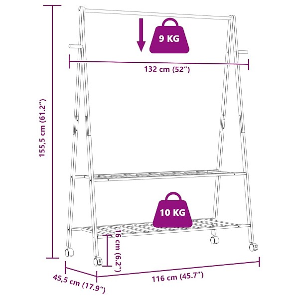 drēbju statīvs ar plauktiem&riteņiem 132x45,5x155,5 cm bambuss