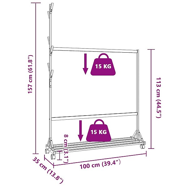 drēbju statīvs ar āķiem un riteņiem 100x35x157 cm bambuss