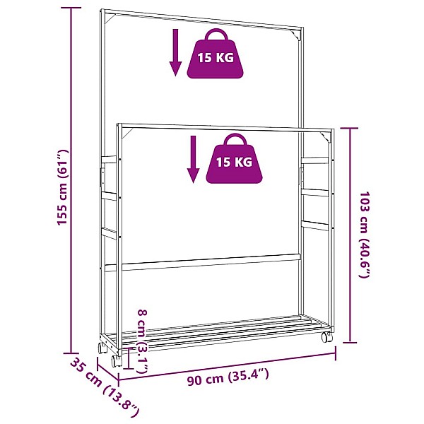 drēbju statīvs ar plauktiem un riteņiem 90x35x155 cm bambusa