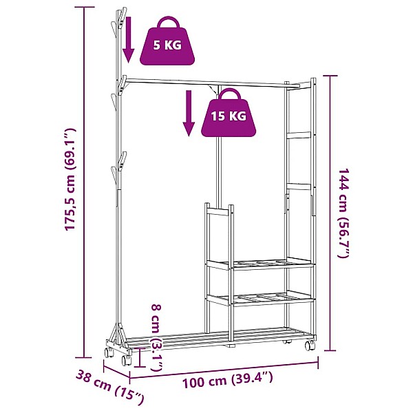 drēbju statīvs ar plauktiem un riteņiem 100x38x175,5 cm bambusa