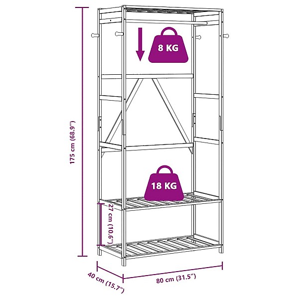 drēbju pakaramais ar plauktiem, 80x40x175 cm, bambuss