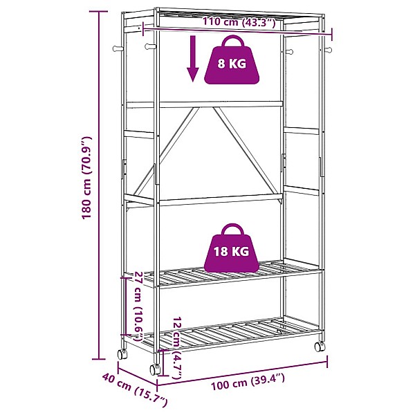 drēbju statīvs ar plauktiem un riteņiem, 110x40x180 cm, bambuss