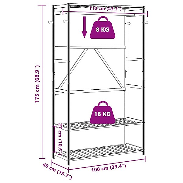 drēbju pakaramais ar plauktiem, 110x40x175 cm, bambuss