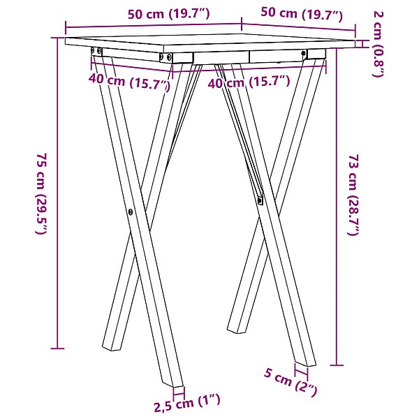 virtuves galds, X-rāmis, 50x50x75 cm, priedes koks, čuguns