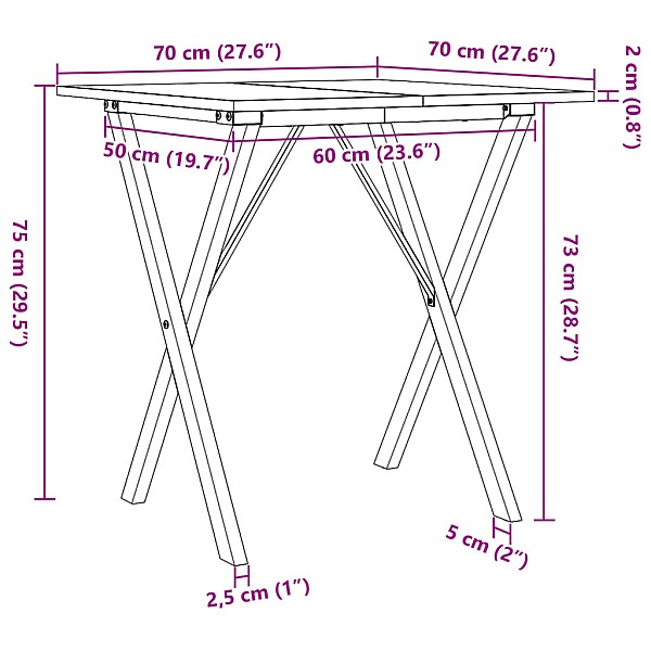 virtuves galds, X-rāmis, 70x70x75 cm, priedes koks, čuguns