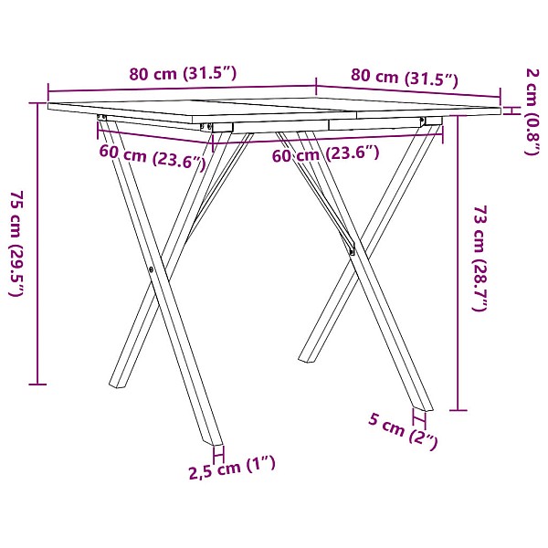 virtuves galds, X-rāmis, 80x80x75 cm, priedes koks, čuguns