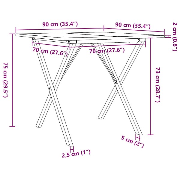 virtuves galds, X-rāmis, 90x90x75 cm, priedes koks, čuguns