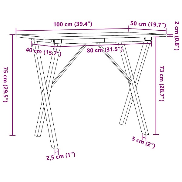 virtuves galds, X-rāmis, 100x50x75 cm, priedes koks, čuguns
