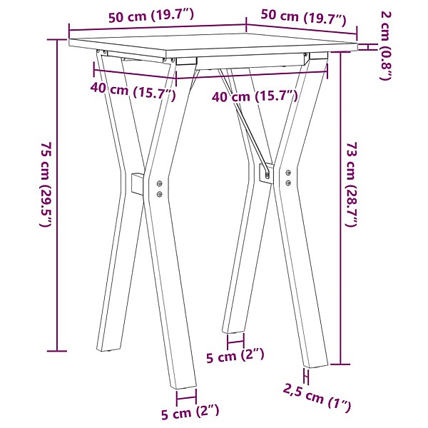 virtuves galds, Y-rāmis, 50x50x75 cm, priedes koks, čuguns