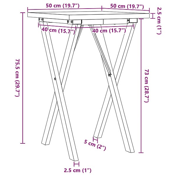 galds, X-rāmis, 50x50x75,5 cm, priedes koks, čuguns
