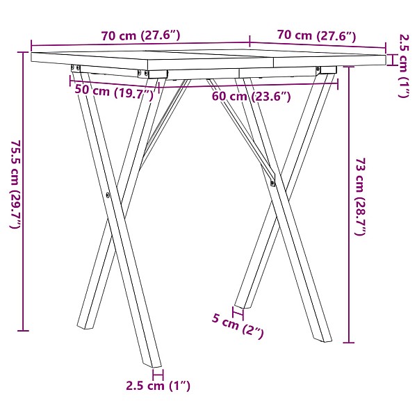 virtuves galds, X-rāmis, 70x70x75,5 cm, priedes koks, čuguns