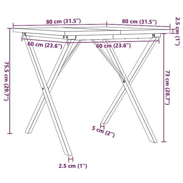 virtuves galds, X-rāmis, 80x80x75,5 cm, priedes koks, čuguns