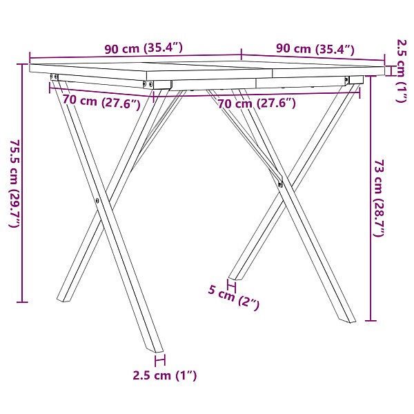 virtuves galds, X-rāmis, 90x90x75,5 cm, priedes koks, čuguns