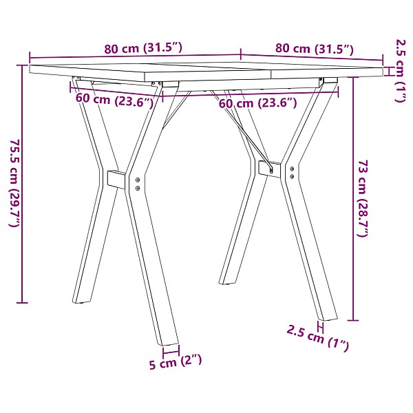 virtuves galds, Y-rāmis, 80x80x75,5 cm, priedes koks, čuguns