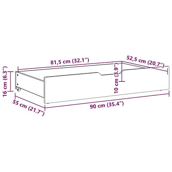 gultas atvilktnes ar riteņiem, 2 gb., 90x55x16 cm, priedes koks