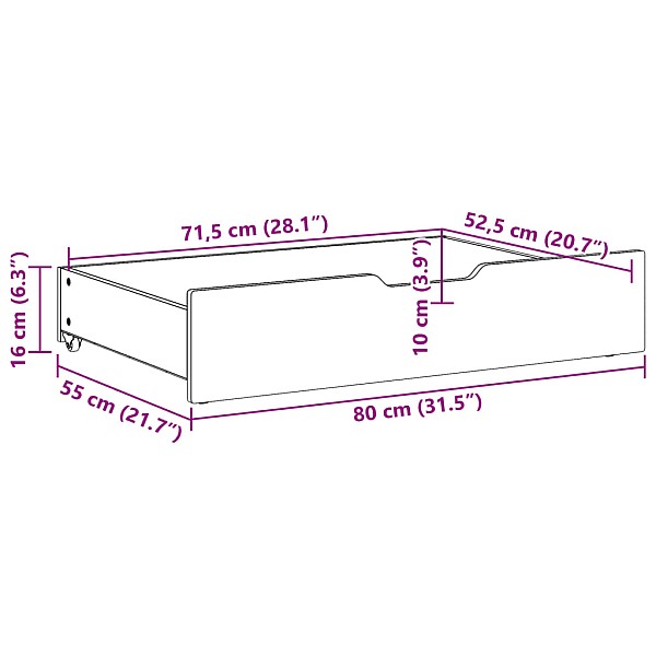 gultas atvilktnes ar riteņiem, 2 gb., 80x55x16 cm, priedes koks