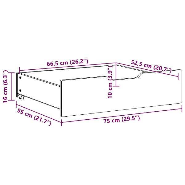 gultas atvilktnes ar riteņiem, 2 gb., 75x55x16 cm, priedes koks