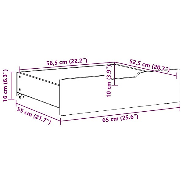 gultas atvilktnes ar riteņiem, 2 gb., 65x55x16 cm, priedes koks