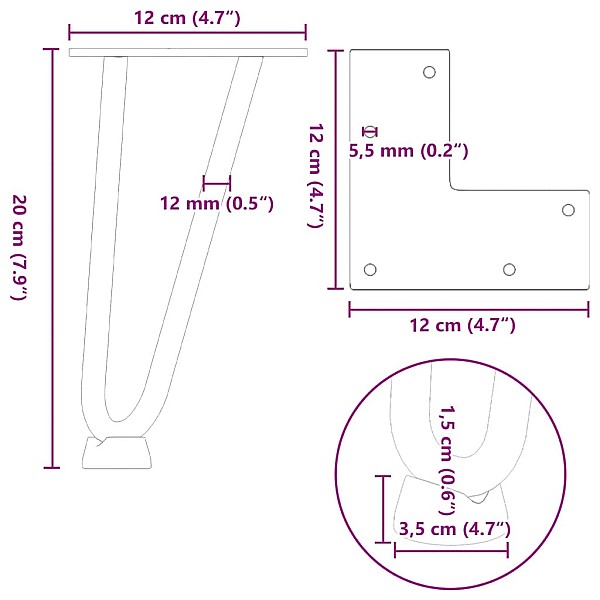 Matu sprādzes galda kājas 4 gab. balta 20 cm ciets tērauds