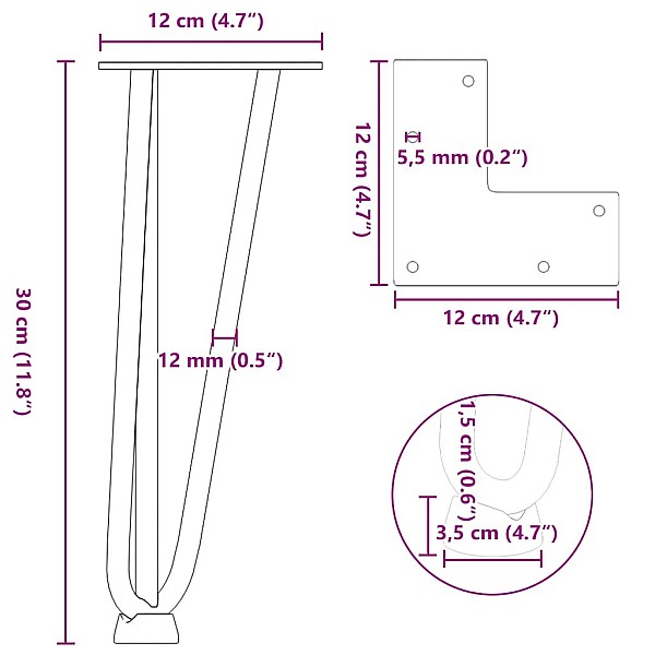 Matu sprādzes galda kājas 4 gab. balta 30 cm ciets tērauds