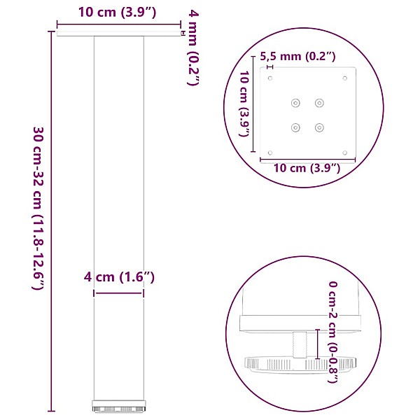 kafijas galdiņa kājas 4 gab. dabīgais tērauds 30-32 cm tērauds