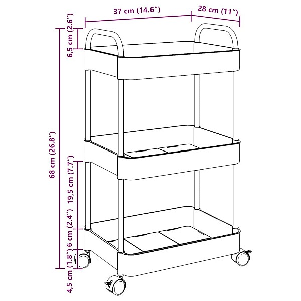 uzglabāšanas ratiņi 3 līmeņu, caurspīdīgs, 37x28x68 cm, akrils