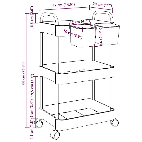 uzglabāšanas ratiņi 3 līmeņu, caurspīdīgs, 37x28x68 cm, akrils