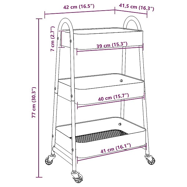 glabāšanas ratiņi 3 līmeņu, melni, 42x41,5x77 cm, tērauds