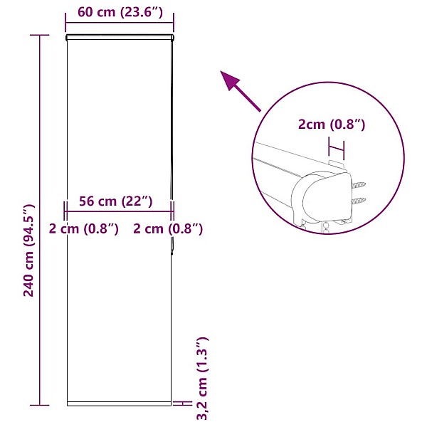 rullo žalūzija dušai kaseti, 60x240 cm, auduma platums 56 cm