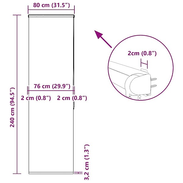 rullo žalūzija dušai ar kaseti, 80x240 cm, auduma platums 76 cm