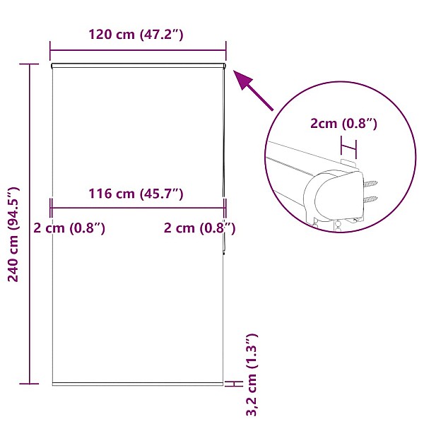 rullo žalūzija dušai kaseti, 120x240 cm, auduma platums 116 cm