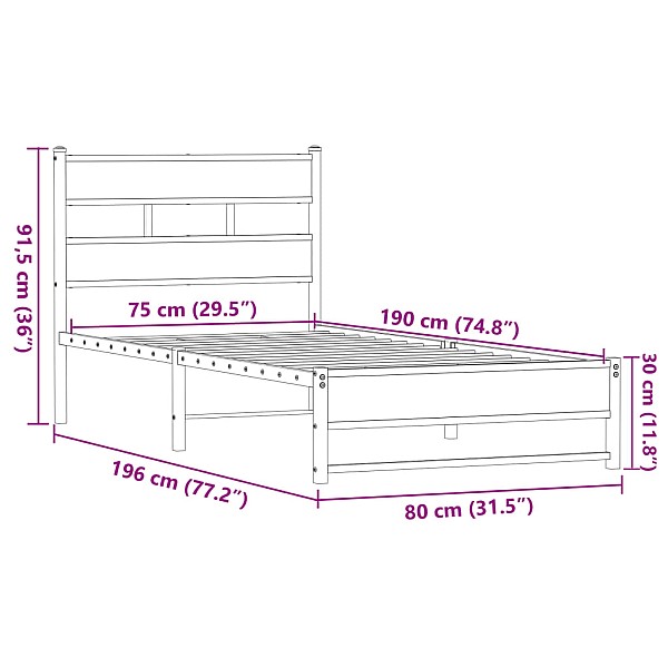 gultas rāmis bez matrača, metāls, brūna ozola, 75x190 m