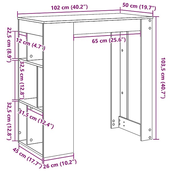 bāra galds ar plauktiem ozola 102x50x103,5 cm inženierijas koks