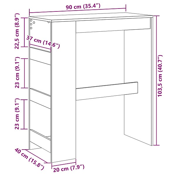 bāra galds ar plauktiem balts 90x40x103,5 cm inženierijas koks